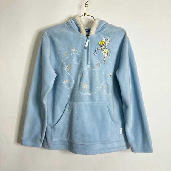 Disney Tinker Bell Hooded Fleece Blue Pullover Sweatshirt Quarter Zip Size Small - Picture 1 of 7